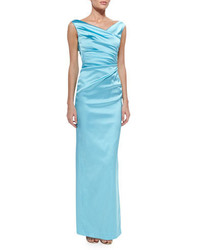 Talbot Runhof Colly V Neck Side Ruched Gown Aqua