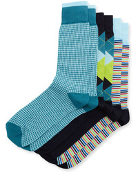 Neiman Marcus Three Pair Sock Set Turquoisenavygreen