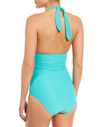 Lenny Niemeyer Halter Neck Ruched Maillot One Piece Swimsuit Turquoise