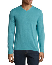 Zachary Prell V Neck Linen Blend Long Sleeve Sweater Aqua