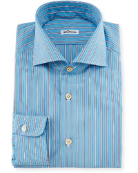 Kiton Alternating Wide Striped Dress Shirt Aqua