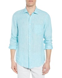 Aquamarine Vertical Striped Linen Long Sleeve Shirt