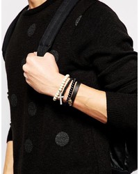 Asos Brand Leather Beaded Bracelet Pack In Black