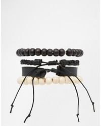 Asos Brand Leather Beaded Bracelet Pack In Black