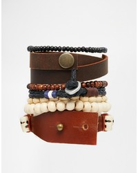 Asos Brand Leather Bracelet Pack With Skulls In Brown
