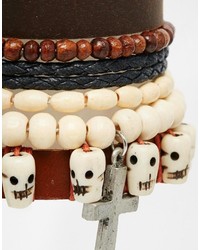 Asos Brand Leather Bracelet Pack With Skulls In Brown