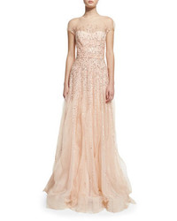Monique Lhuillier Short Sleeve Beaded Tulle Illusion Gown Blush