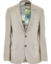 River Island Beige Linen Blend Print Slim Suit Jacket