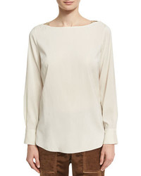 Brunello Cucinelli Long Sleeve Stretch Silk Boat Neck Top With Monili Insets Cream