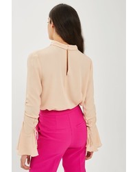 Topshop Ruched Sleeve High Neck Blouse