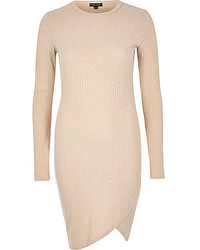 River Island Beige Ribbed Wrap Front Bodycon Dress