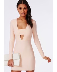 Missguided Crepe Long Sleeve Plunge Bodycon Dress Nude