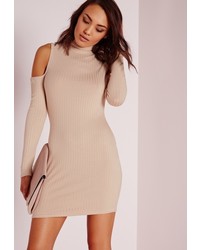 Missguided Roll Neck Cold Shoulder Bodycon Dress Nude