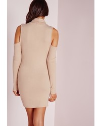 Missguided Roll Neck Cold Shoulder Bodycon Dress Nude
