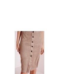 Missguided Button Through Faux Suede Midi Skirt Taupe