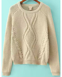 Beige Long Sleeve Cable Knit Crop Sweater