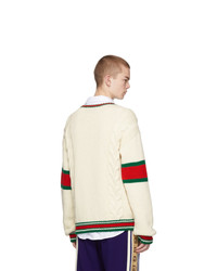 Gucci Off White Cable Knit V Neck Sweater