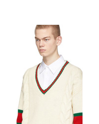 Gucci Off White Cable Knit V Neck Sweater