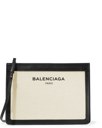 Balenciaga Leather Trimmed Canvas Clutch Ecru