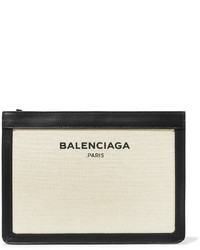 Balenciaga Leather Trimmed Canvas Clutch Ecru