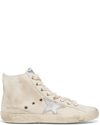 Golden Goose Deluxe Brand Francy Distressed Leather Paneled Canvas High Top Sneakers Neutral