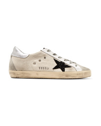 Golden Goose Glittered Distressed Canvas Leather And Suede Sneakers