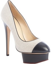Charlotte Olympia Beige Canvas And Black Leather Platform Pumps