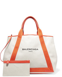 Balenciaga Cabas Leather Trimmed Canvas Tote Beige