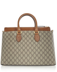 Gucci Linea A Medium Leather Trimmed Coated Canvas Tote Beige