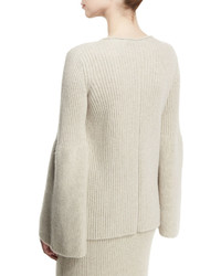 The Row Atilia Flounce Sleeve Cashmere Sweater Smoky Pearl