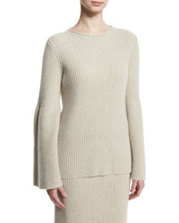 The Row Atilia Flounce Sleeve Cashmere Sweater Smoky Pearl