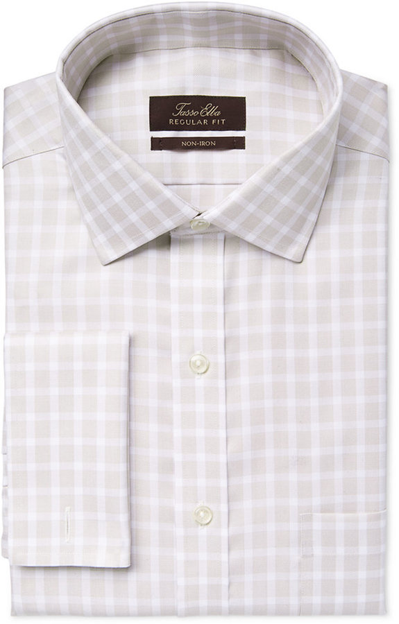 Tasso Elba Non Iron Tan Twill Check French Cuff Dress Shirt, $69