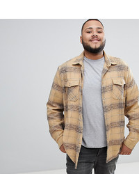 ASOS DESIGN Plus Brushed Check Overshirt In Camel With Double Pockets
