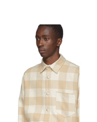 Palm Angels Off White And Beige Checked Logo Over Shirt