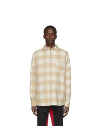 Palm Angels Off White And Beige Checked Logo Over Shirt