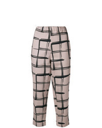 Beige Check Tapered Pants