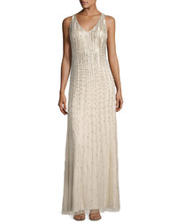 Aidan Mattox Sleeveless Beaded Chiffon Column Gown Champagne