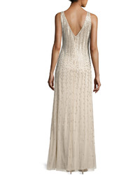 Aidan Mattox Sleeveless Beaded Chiffon Column Gown Champagne