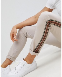 ASOS DESIGN Skinny Trousers In Beige With Aztec Side Taping