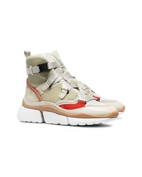 Chloé Beige Grey And Red Sonnie Suede Leather And Mesh High Top Sneakers