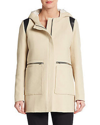 Maje Etrange Leather Accented Cloque Hooded Coat