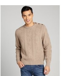 Brioni Beige Cable Knit Cashmere And Leather Trim Crewneck Sweater