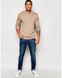 Asos Brand Crew Neck Sweater In Beige Cotton