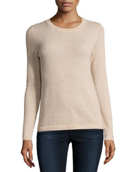 Neiman Marcus Cashmere Basic Pullover Sweater Oatmeal