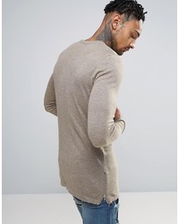Asos Muscle Fit Longline Sweater With Side Zips In Beige