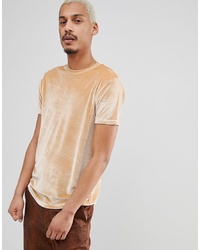 ASOS DESIGN Longline T Shirt With Curved Hem In Beige Velour