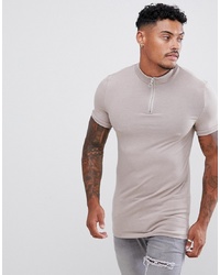 ASOS DESIGN Muscle Fit T Shirt With Zip Turtle Neck In Beige