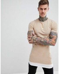 ASOS DESIGN Super Longline Muscle Fit T Shirt With Contrast Hem Extender In Beige