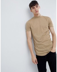 ASOS DESIGN T Shirt With Turtle Neck And Curved Hem In Beige