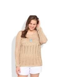 Deb Plus Size Long Sleeve Crochet Sweater With Scoop Neck Natural